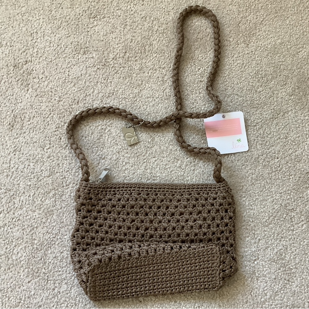 Lina taupe macrame knit small shoulder purse, NWT - Picture 2 of 5